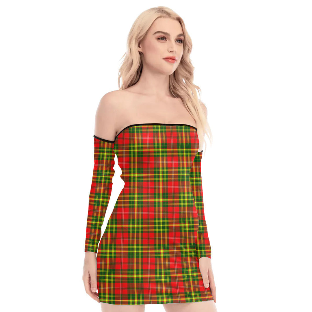 Leask Tartan Plaid Off-Shoulder Back Lace-Up Dress