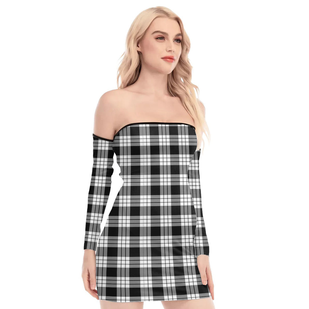 MacFarlane Black White Tartan Plaid Off-Shoulder Back Lace-Up Dress