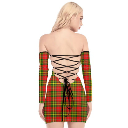 Leask Tartan Plaid Off-Shoulder Back Lace-Up Dress