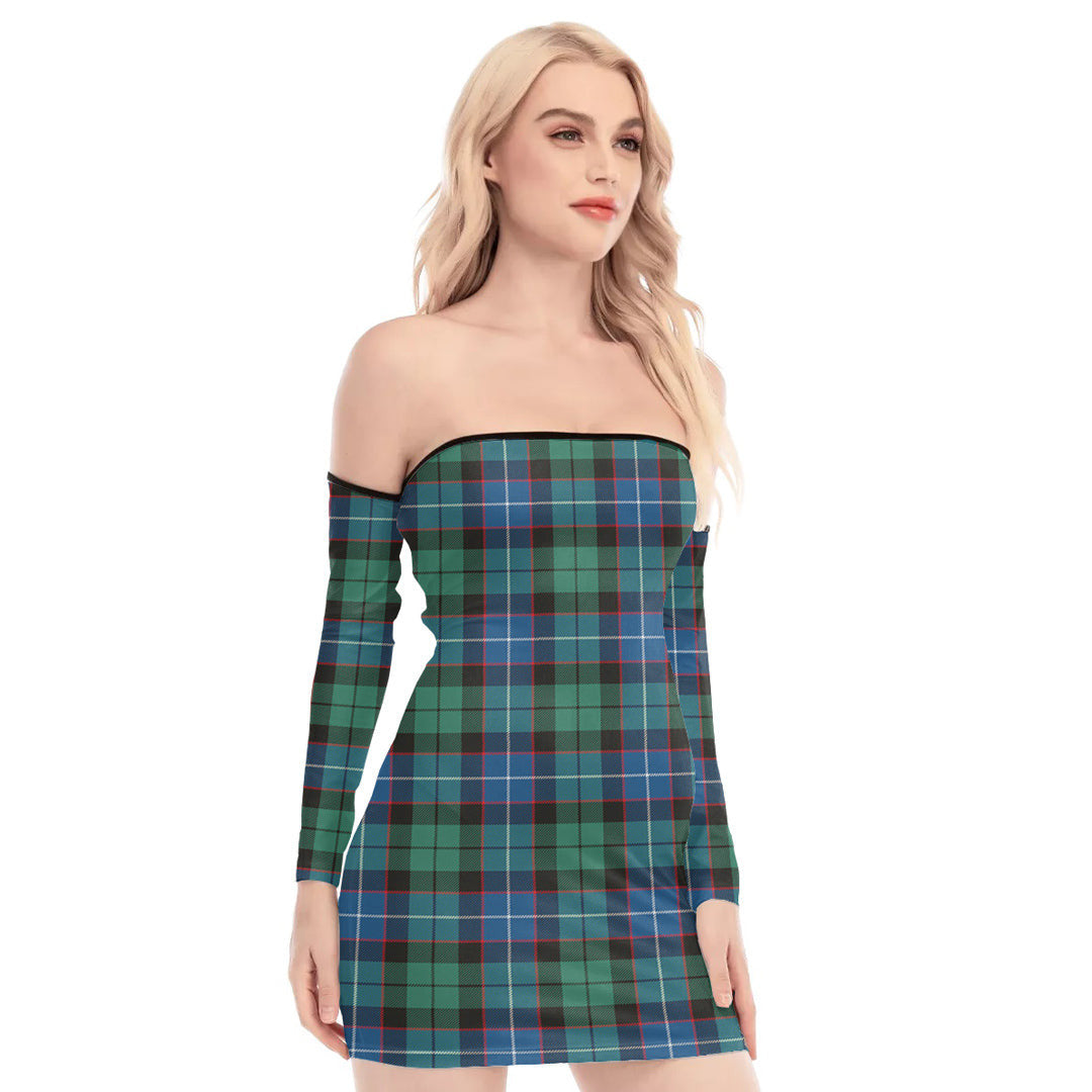 Hunter Ancient Tartan Plaid Off-Shoulder Back Lace-Up Dress