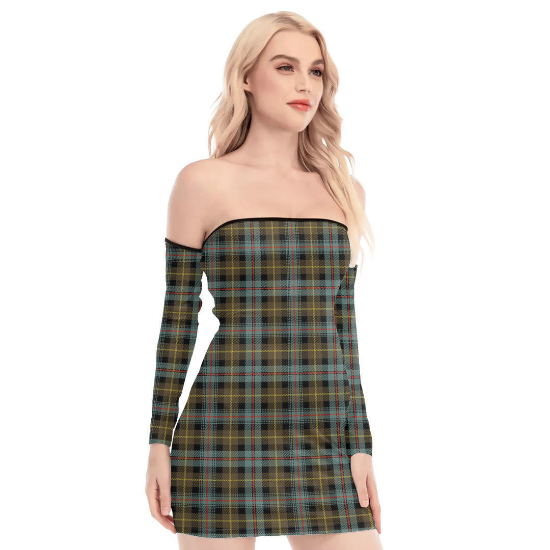 Farquharson Weathered Tartan Plaid Off-Shoulder Back Lace-Up Dress