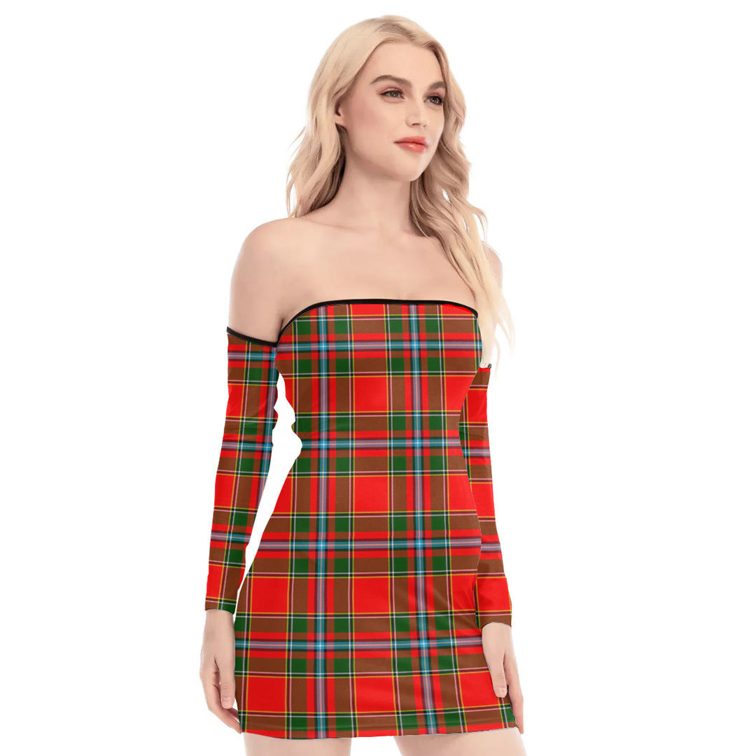 Drummond of Perth Tartan Plaid Off-Shoulder Back Lace-Up Dress