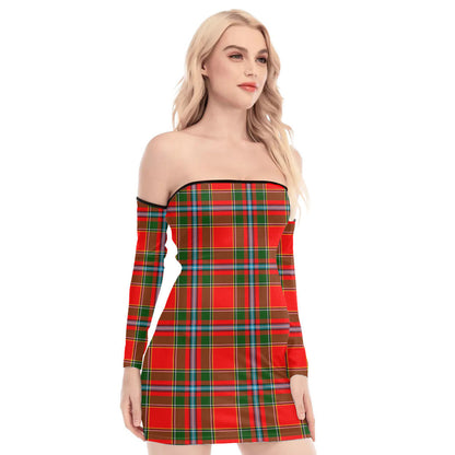 Drummond of Perth Tartan Plaid Off-Shoulder Back Lace-Up Dress