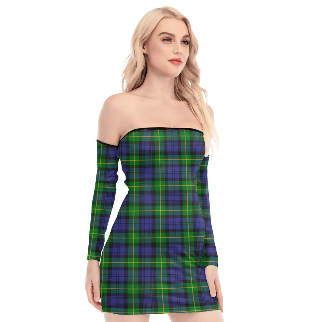 Gordon Modern Tartan Plaid Off-Shoulder Back Lace-Up Dress