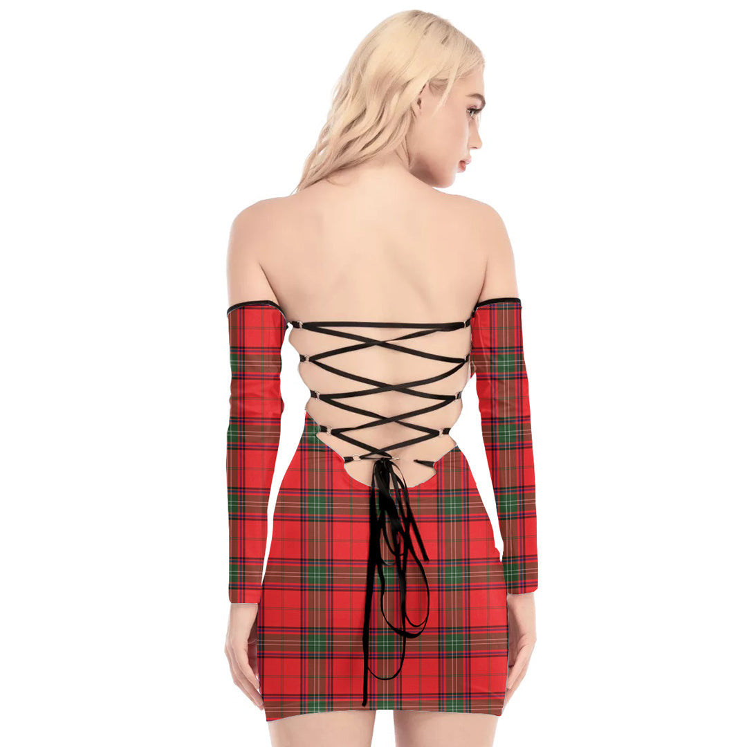 Seton Modern Tartan Plaid Off-Shoulder Back Lace-Up Dress