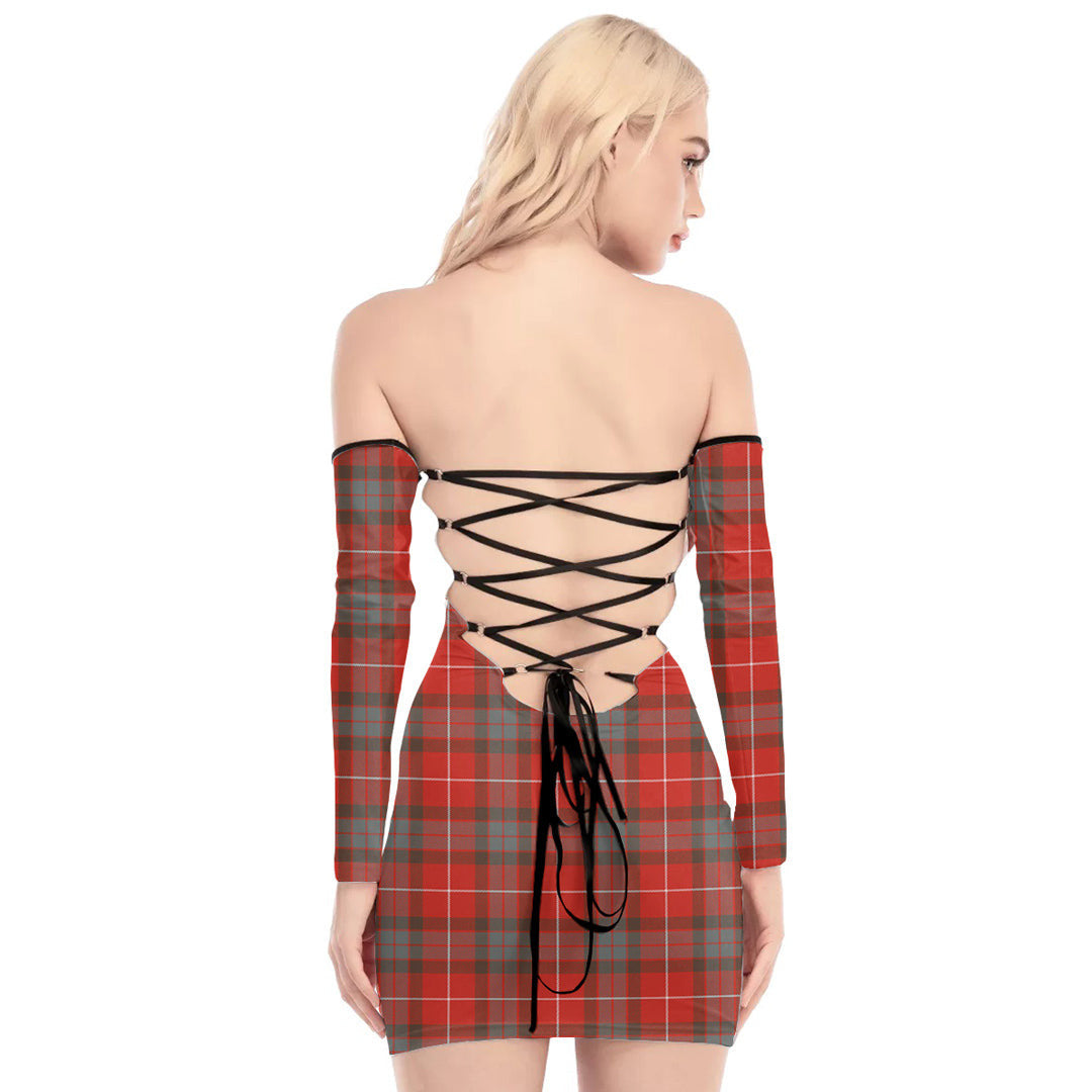 Fraser Weathered Tartan Plaid Off-Shoulder Back Lace-Up Dress