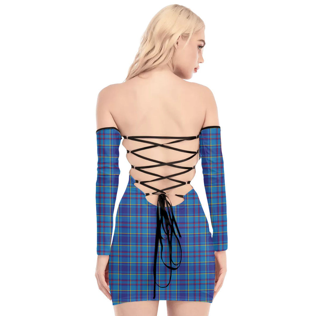 Mercer Modern Tartan Plaid Off-Shoulder Back Lace-Up Dress