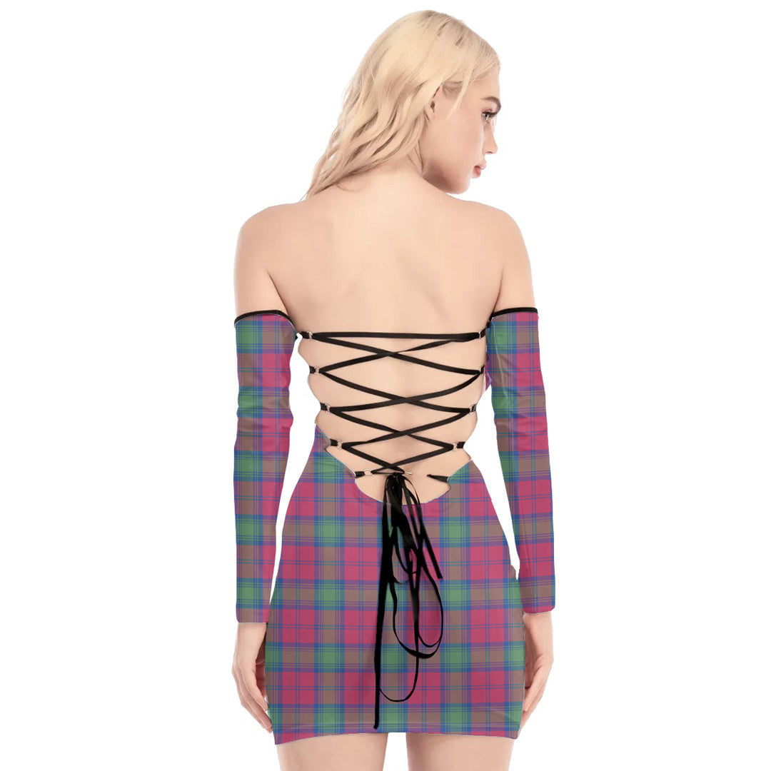 Lindsay Ancient Tartan Plaid Off-Shoulder Back Lace-Up Dress