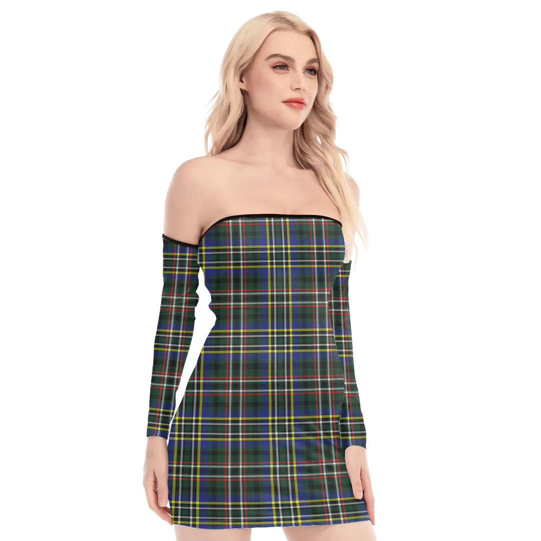 SCOTT GREEN MODERN Tartan Plaid Off-Shoulder Back Lace-Up Dress