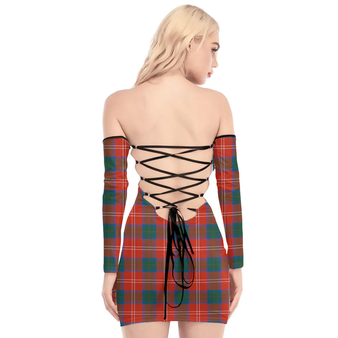 Chisholm Ancient Tartan Plaid Off-Shoulder Back Lace-Up Dress