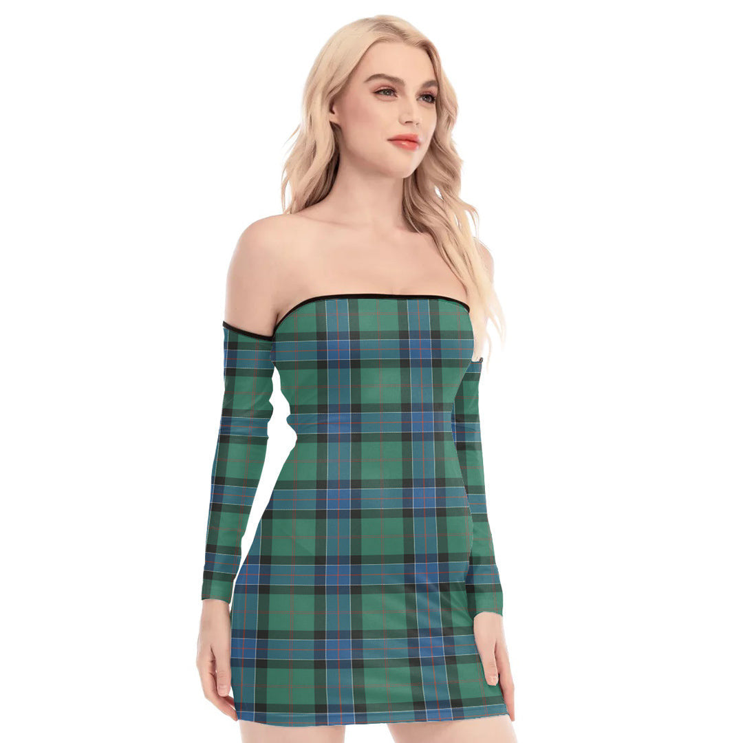 Sinclair Hunting Ancient Tartan Plaid Off-Shoulder Back Lace-Up Dress