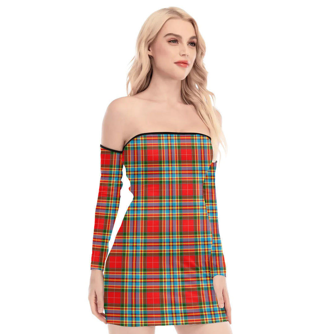 Chattan Tartan Plaid Off-Shoulder Back Lace-Up Dress