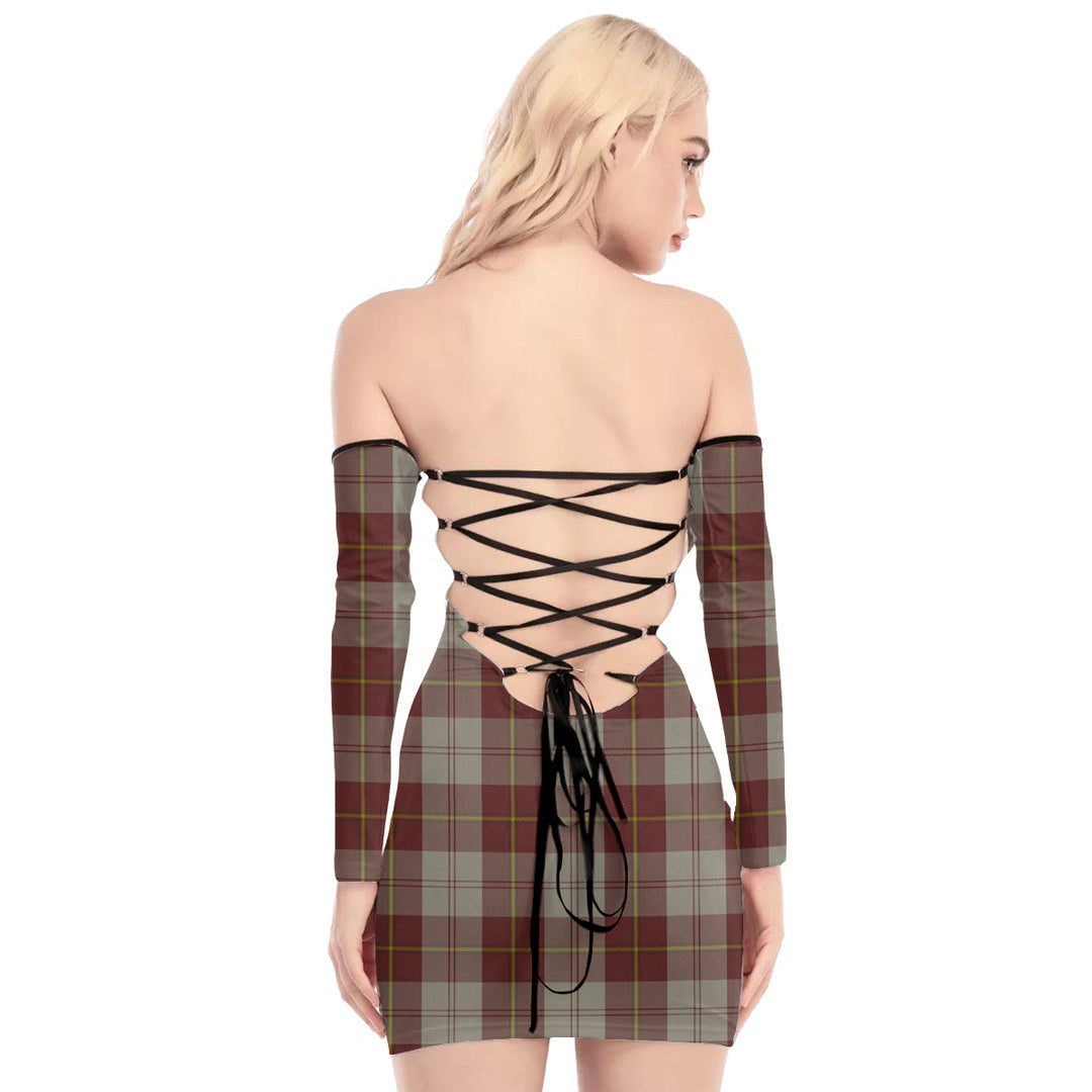 Cunningham Burgundy Dancers Tartan Plaid Off-Shoulder Back Lace-Up Dress