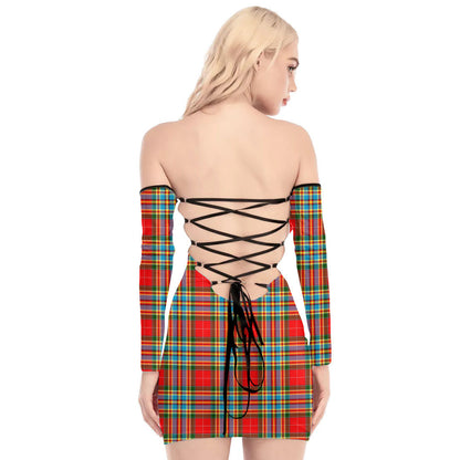 Chattan Tartan Plaid Off-Shoulder Back Lace-Up Dress