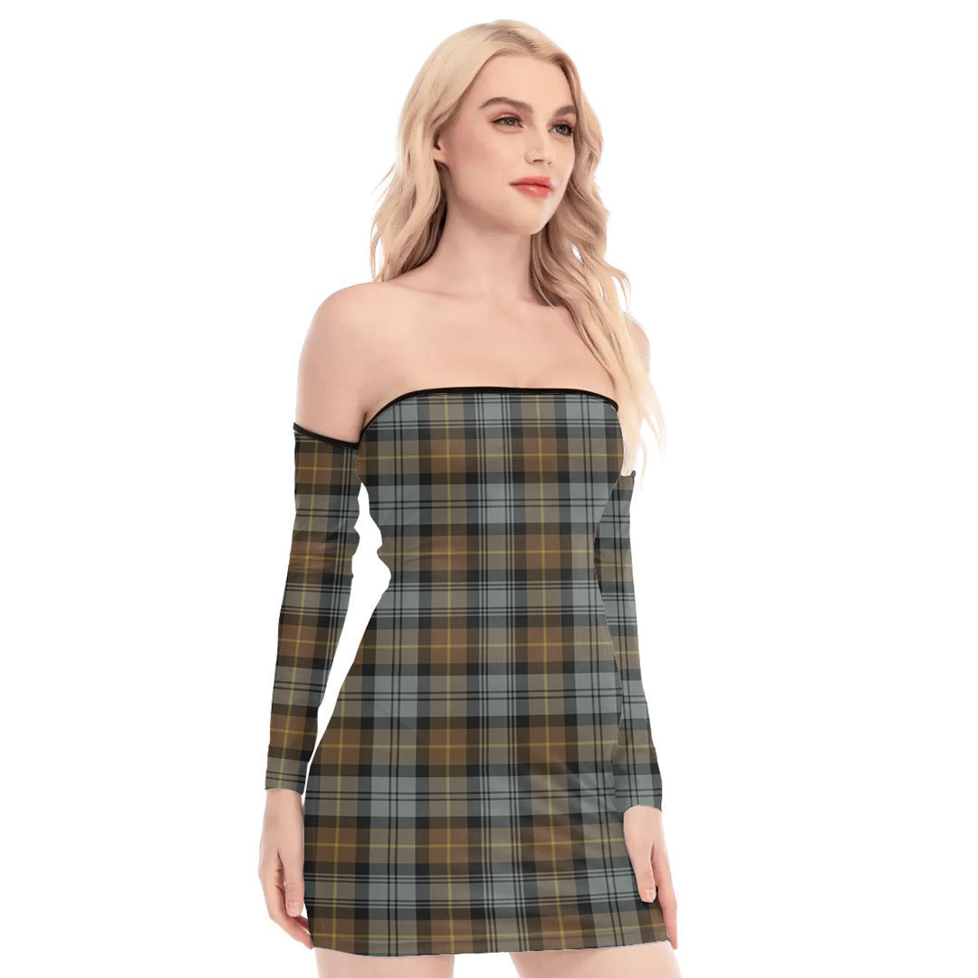 Gordon Weathered Tartan Plaid Off-Shoulder Back Lace-Up Dress