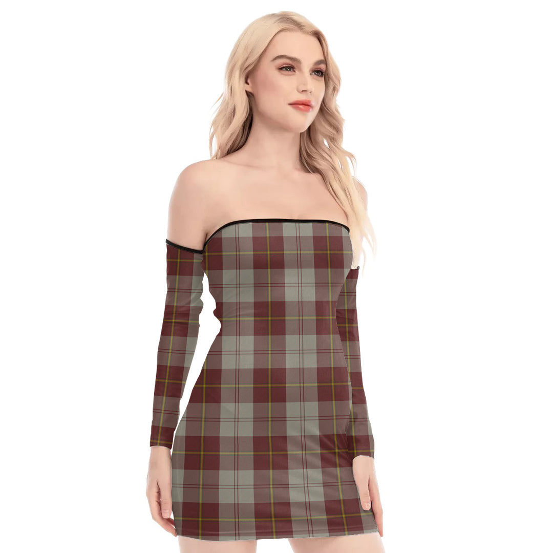 Cunningham Burgundy Dancers Tartan Plaid Off-Shoulder Back Lace-Up Dress