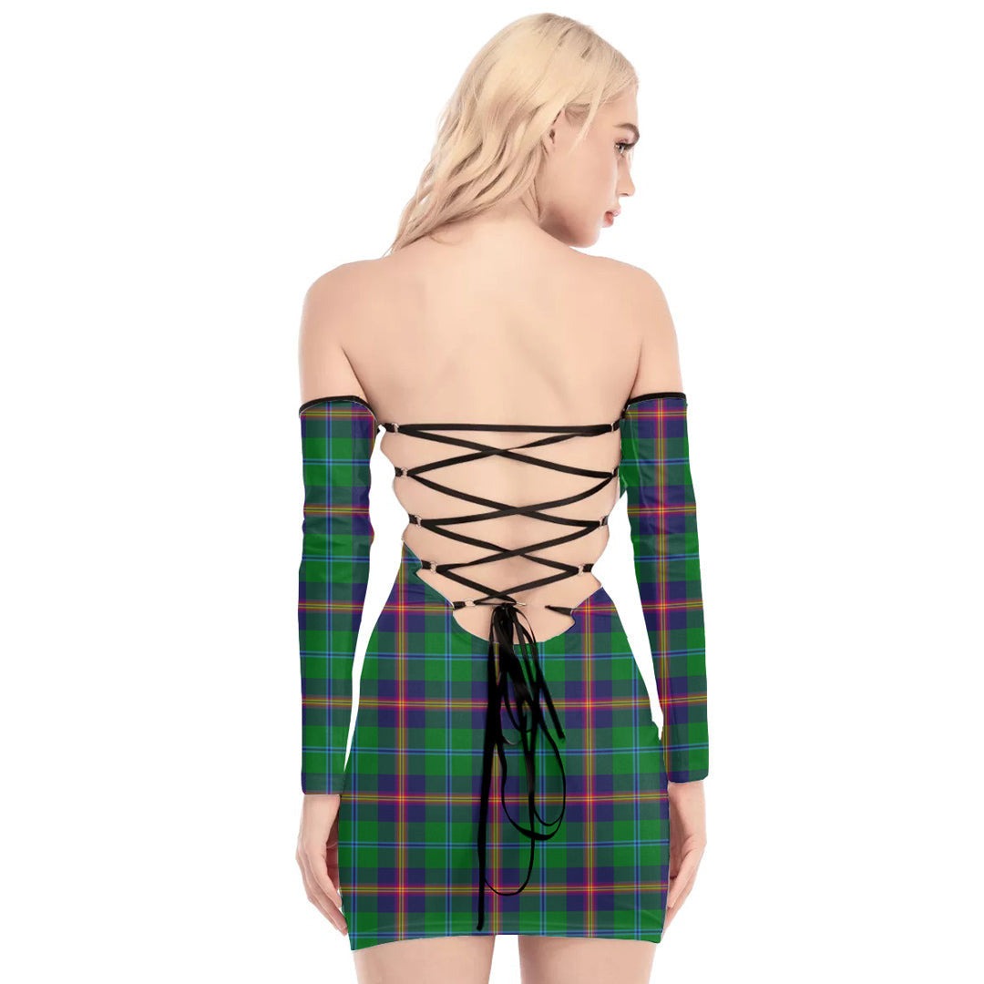 Young Modern Tartan Plaid Off-Shoulder Back Lace-Up Dress