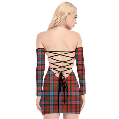 MacDuff Modern Tartan Plaid Off-Shoulder Back Lace-Up Dress