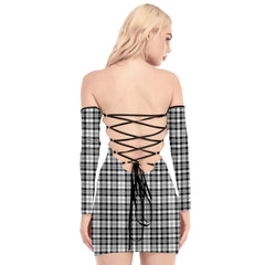 Scott Black White Modern Tartan Plaid Off-Shoulder Back Lace-Up Dress