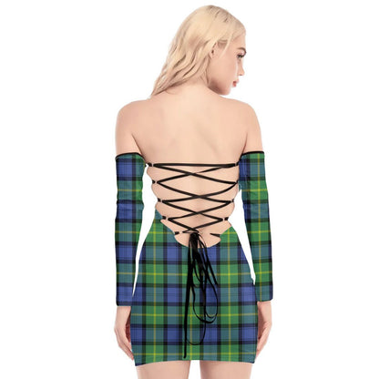 Gordon Old Ancient Tartan Plaid Off-Shoulder Back Lace-Up Dress