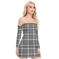 Scott Black White Modern Tartan Plaid Off-Shoulder Back Lace-Up Dress