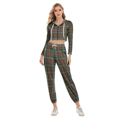 Shaw Green Modern Tartan Plaid Crop Hoodie Sports Sets