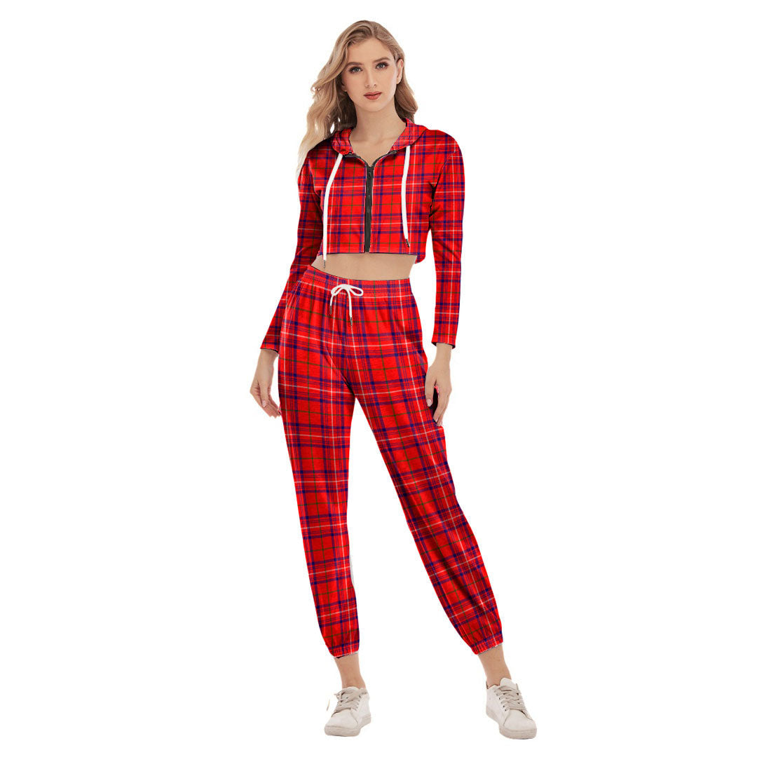 Rose Modern Tartan Plaid Crop Hoodie Sports Sets