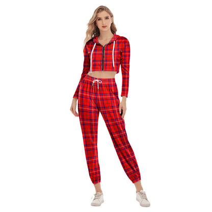 Rose Modern Tartan Plaid Crop Hoodie Sports Sets