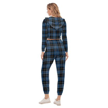 Clergy Blue Tartan Plaid Crop Hoodie Sports Sets