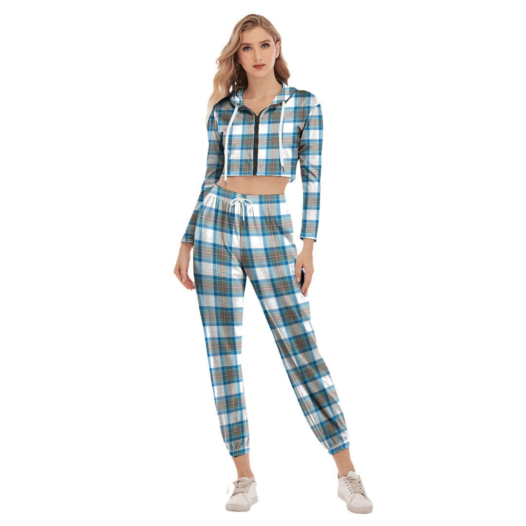 Stewart Muted Blue Tartan Plaid Crop Hoodie Sports Sets