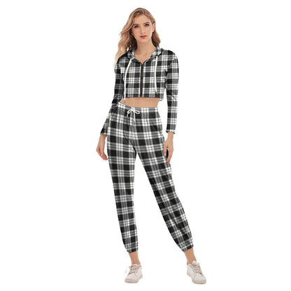 MacFarlane Black White Ancient Tartan Plaid Crop Hoodie Sports Sets