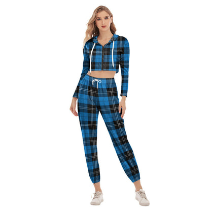 Ramsay Blue Ancient Tartan Plaid Crop Hoodie Sports Sets