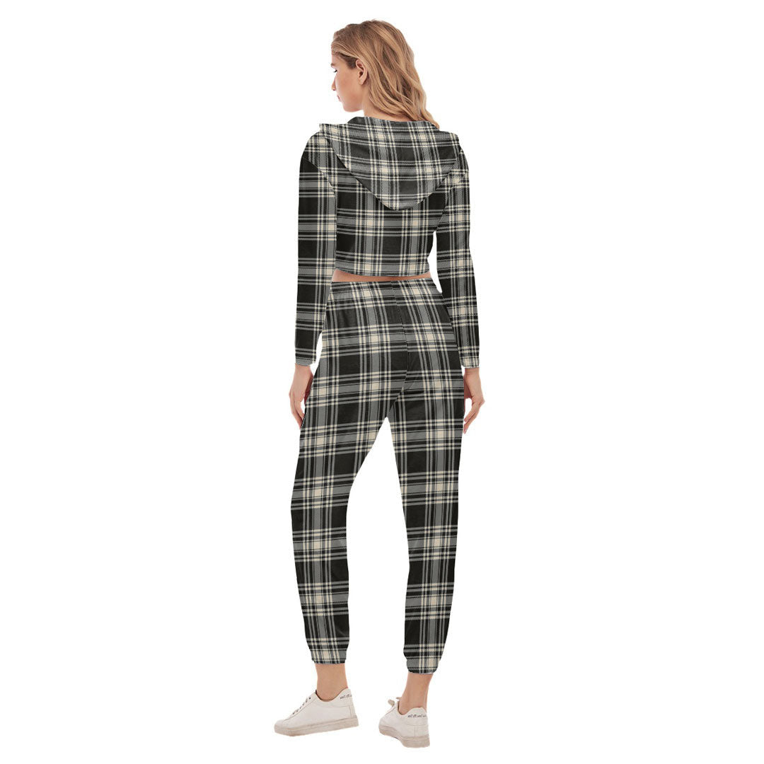 Menzies Black White Ancient Tartan Plaid Crop Hoodie Sports Sets