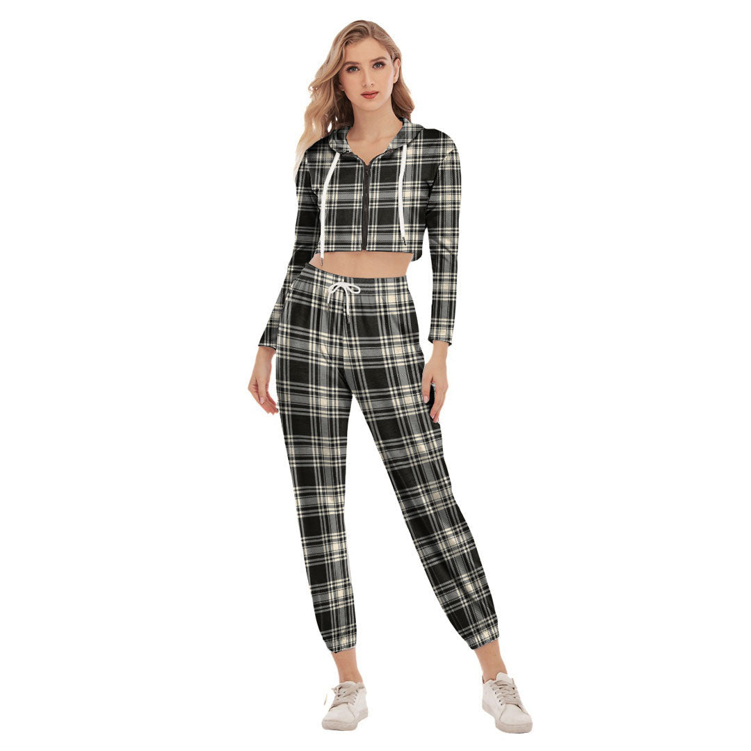 Menzies Black White Ancient Tartan Plaid Crop Hoodie Sports Sets