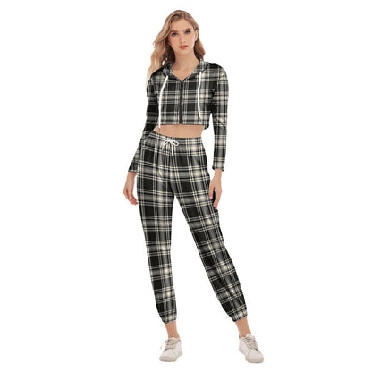 Menzies Black White Ancient Tartan Plaid Crop Hoodie Sports Sets