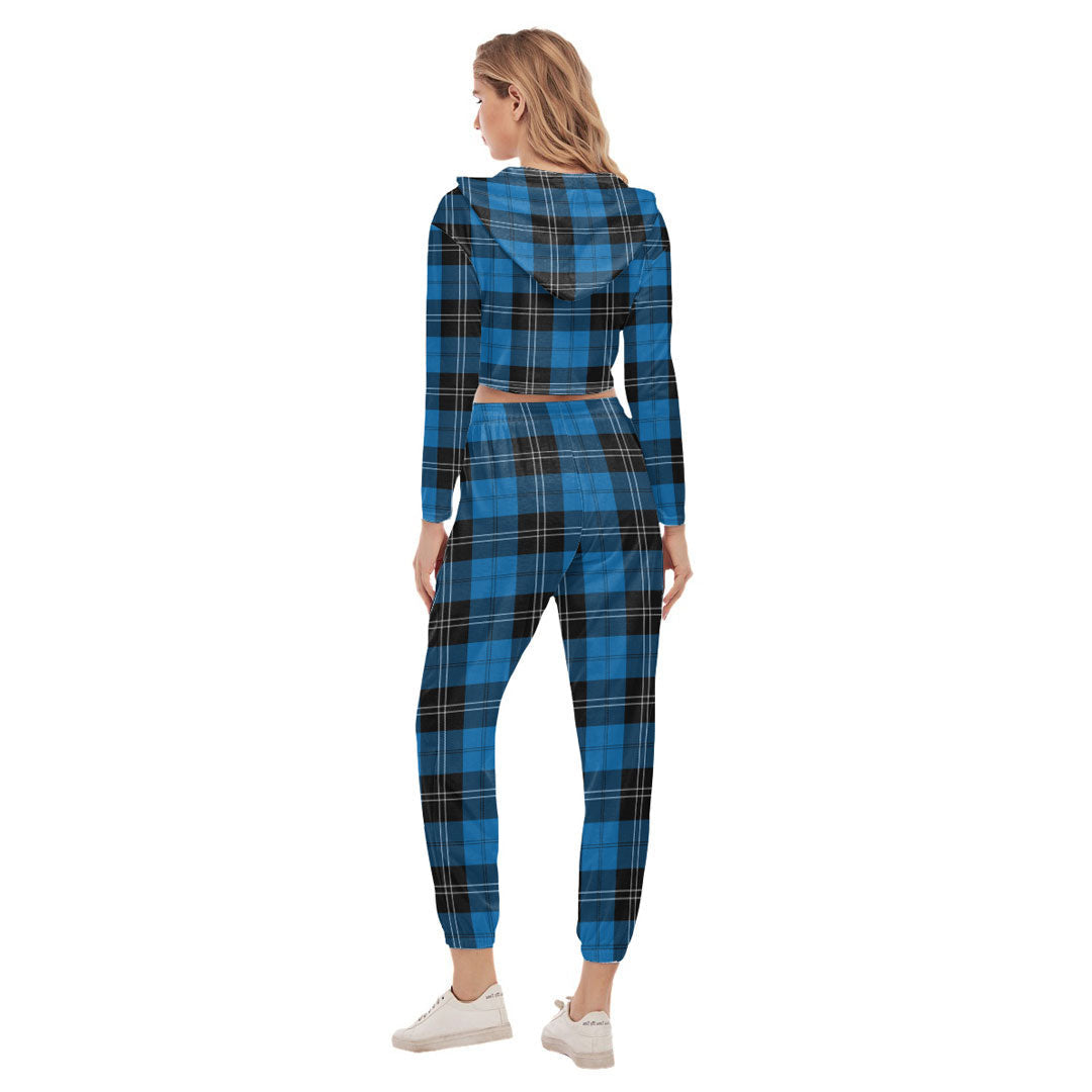 Ramsay Blue Ancient Tartan Plaid Crop Hoodie Sports Sets