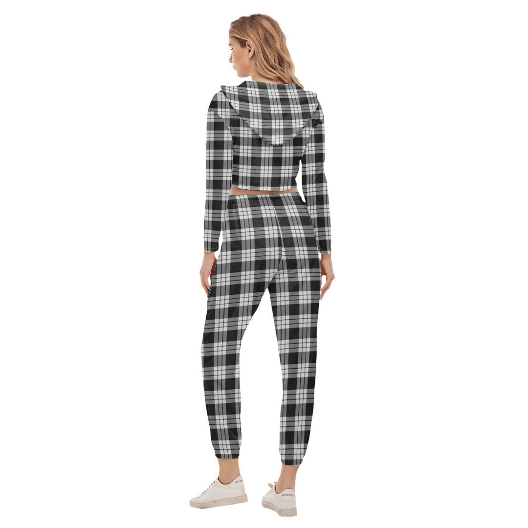 MacFarlane Black White Ancient Tartan Plaid Crop Hoodie Sports Sets