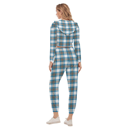 Stewart Muted Blue Tartan Plaid Crop Hoodie Sports Sets