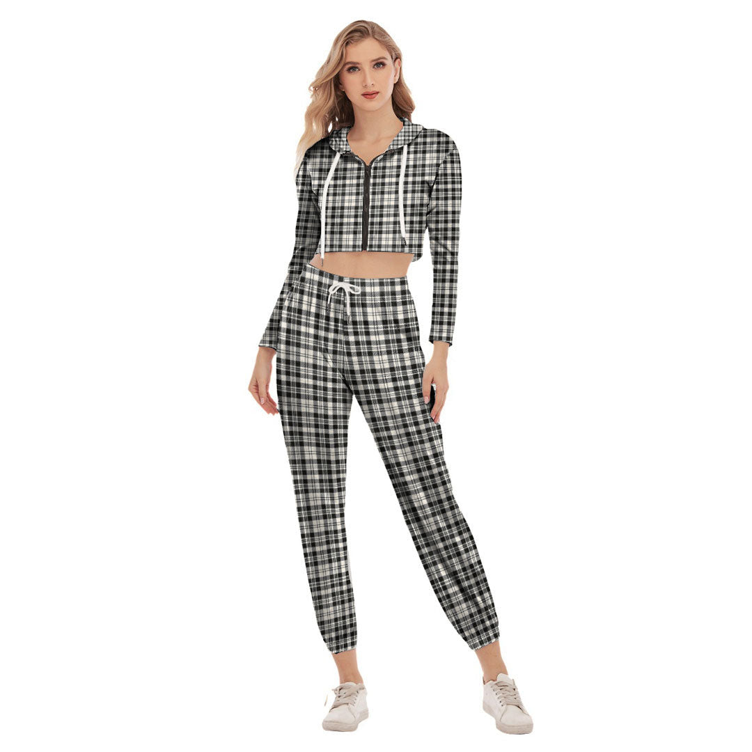 Scott Black White Ancient Tartan Plaid Crop Hoodie Sports Sets