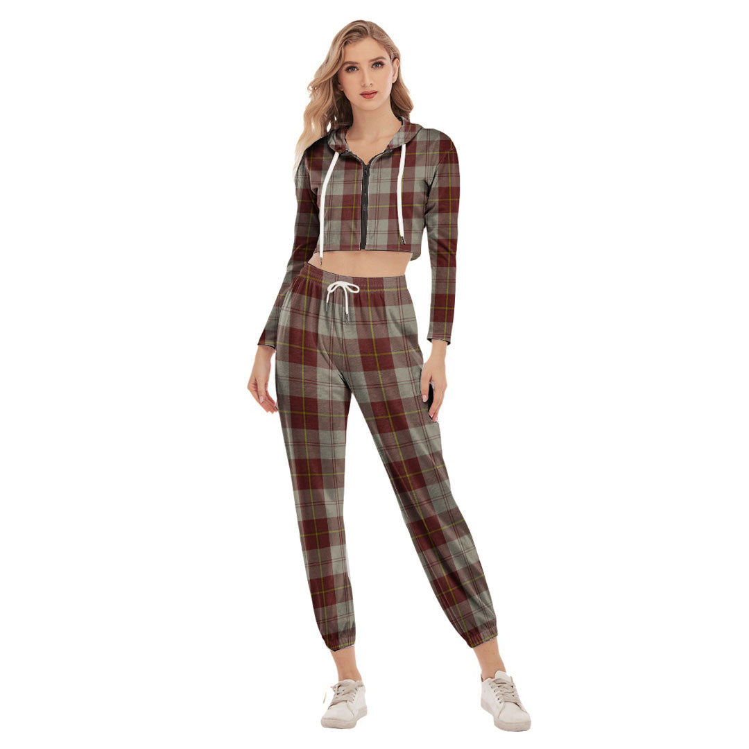 Cunningham Burgundy Dancers Tartan Plaid Crop Hoodie Sports Sets