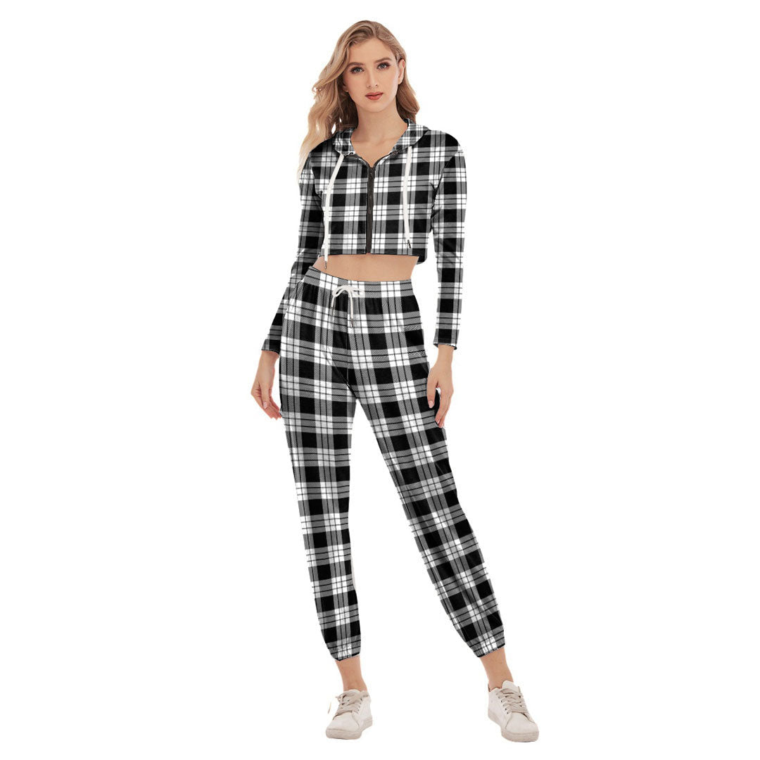 MacFarlane Black White Tartan Plaid Crop Hoodie Sports Sets