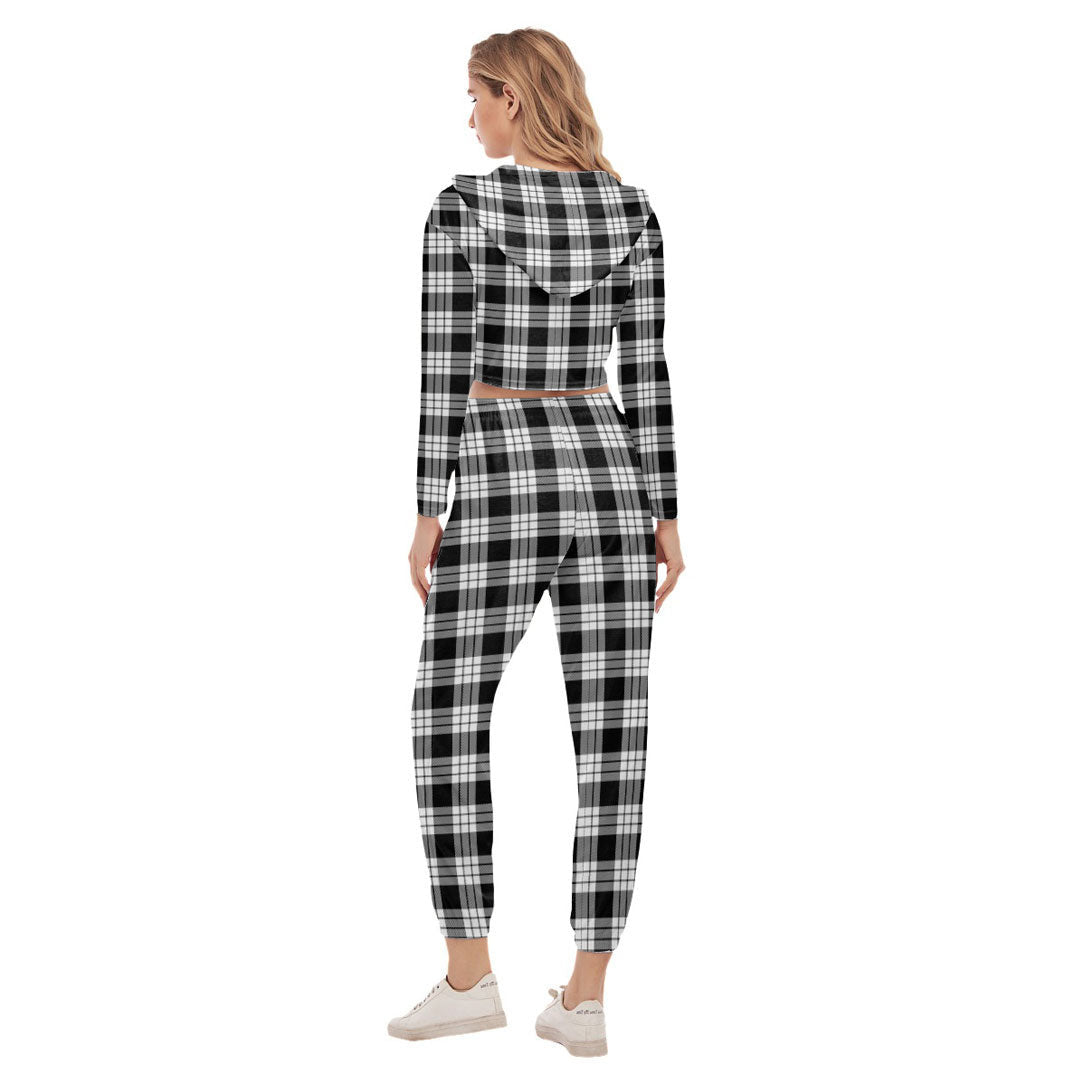 MacFarlane Black White Tartan Plaid Crop Hoodie Sports Sets