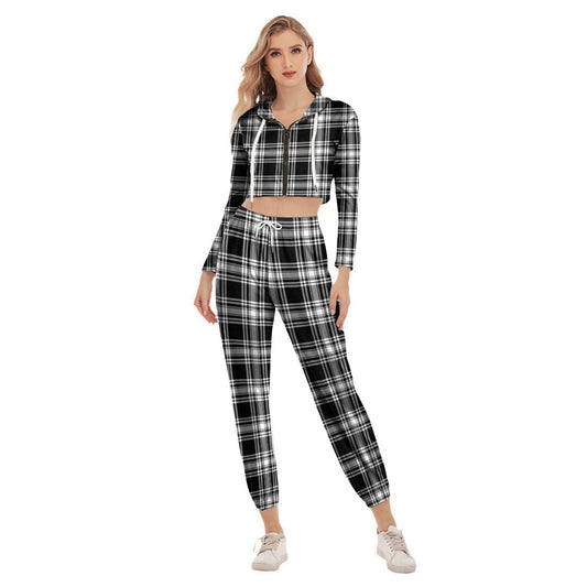 Menzies Black White Modern Tartan Plaid Crop Hoodie Sports Sets