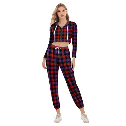 Brown Modern Tartan Plaid Crop Hoodie Sports Sets