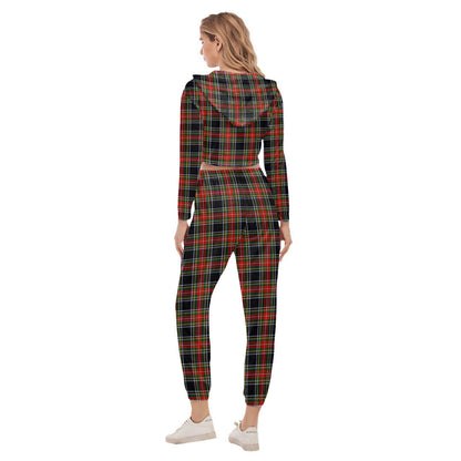 Stewart Black Tartan Plaid Crop Hoodie Sports Sets