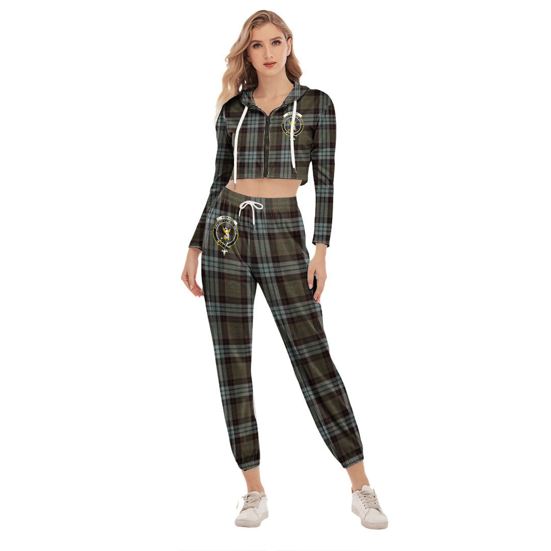 Stewart Old Weathered Tartan Crest Crop Hoodie Sports Sets