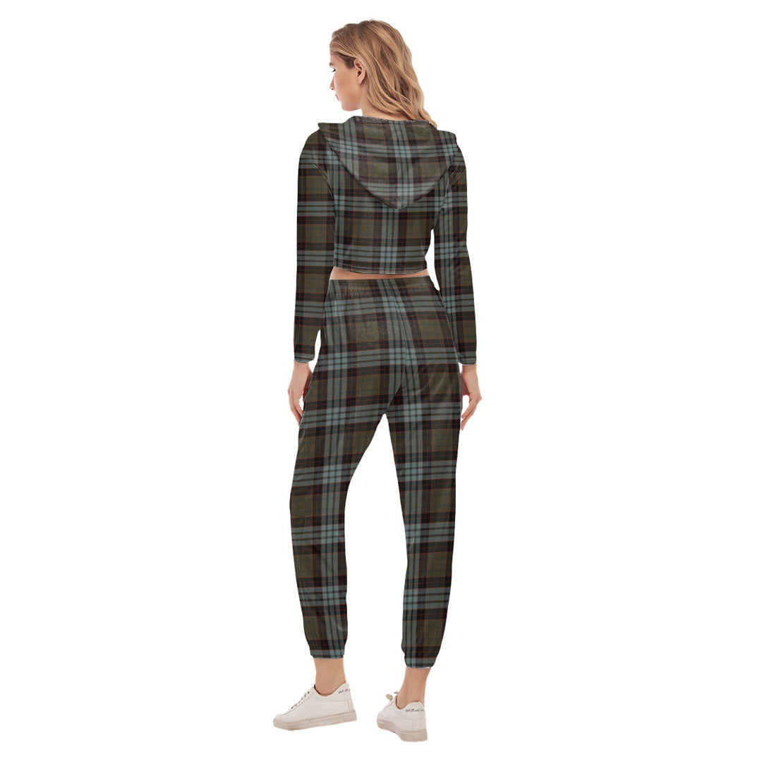 Stewart Old Weathered Tartan Crest Crop Hoodie Sports Sets