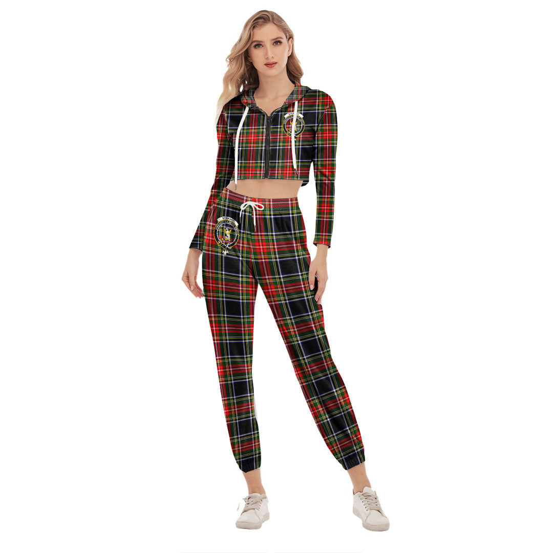 Stewart Black Tartan Crest Crop Hoodie Sports Sets