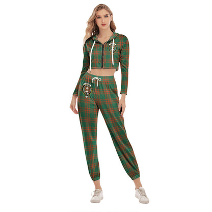 Menzies Green Ancient Tartan Crest Crop Hoodie Sports Sets