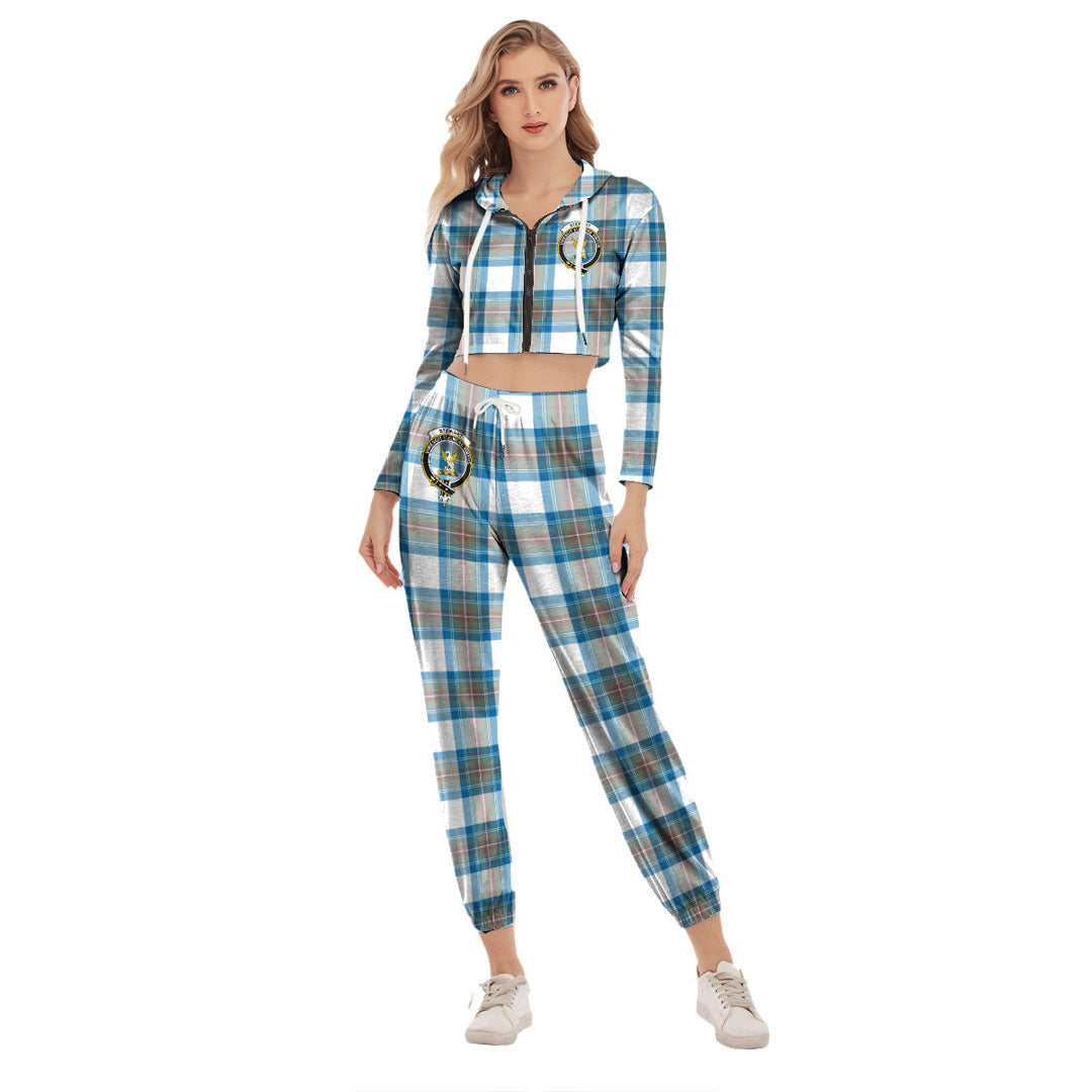 Stewart Muted Blue Tartan Crest Crop Hoodie Sports Sets